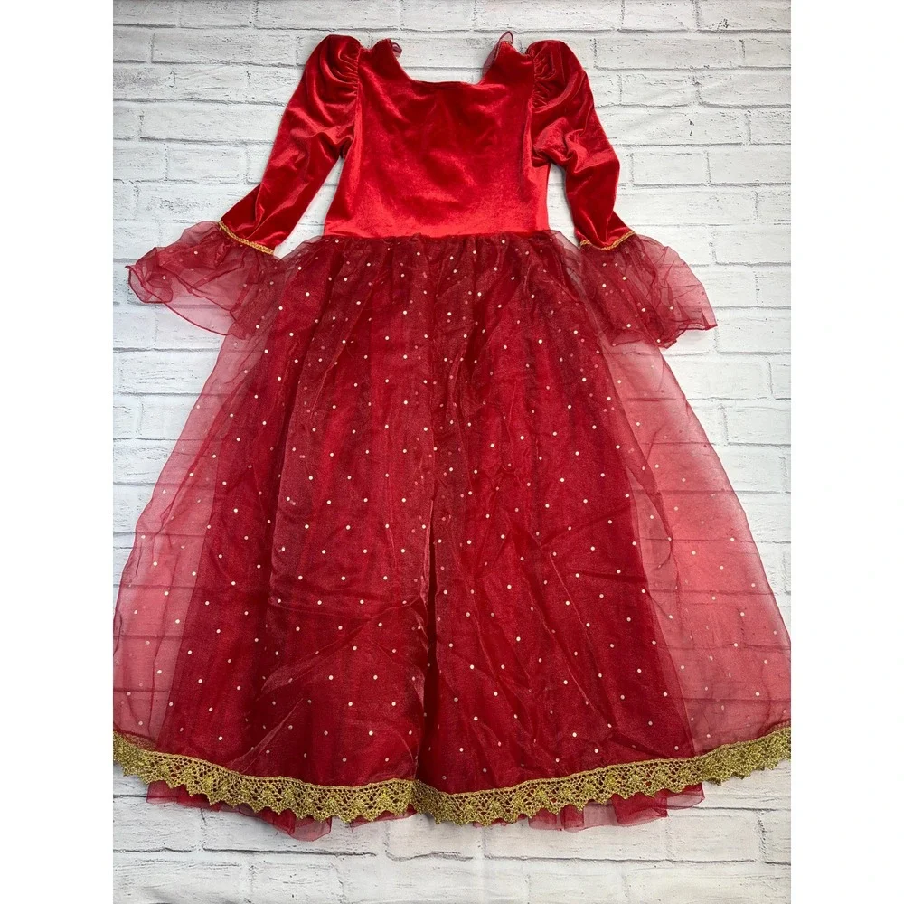 Disney Store Belle Winter Red Velvet Gold Lace Costume Dress Girls 7/8 Gloves